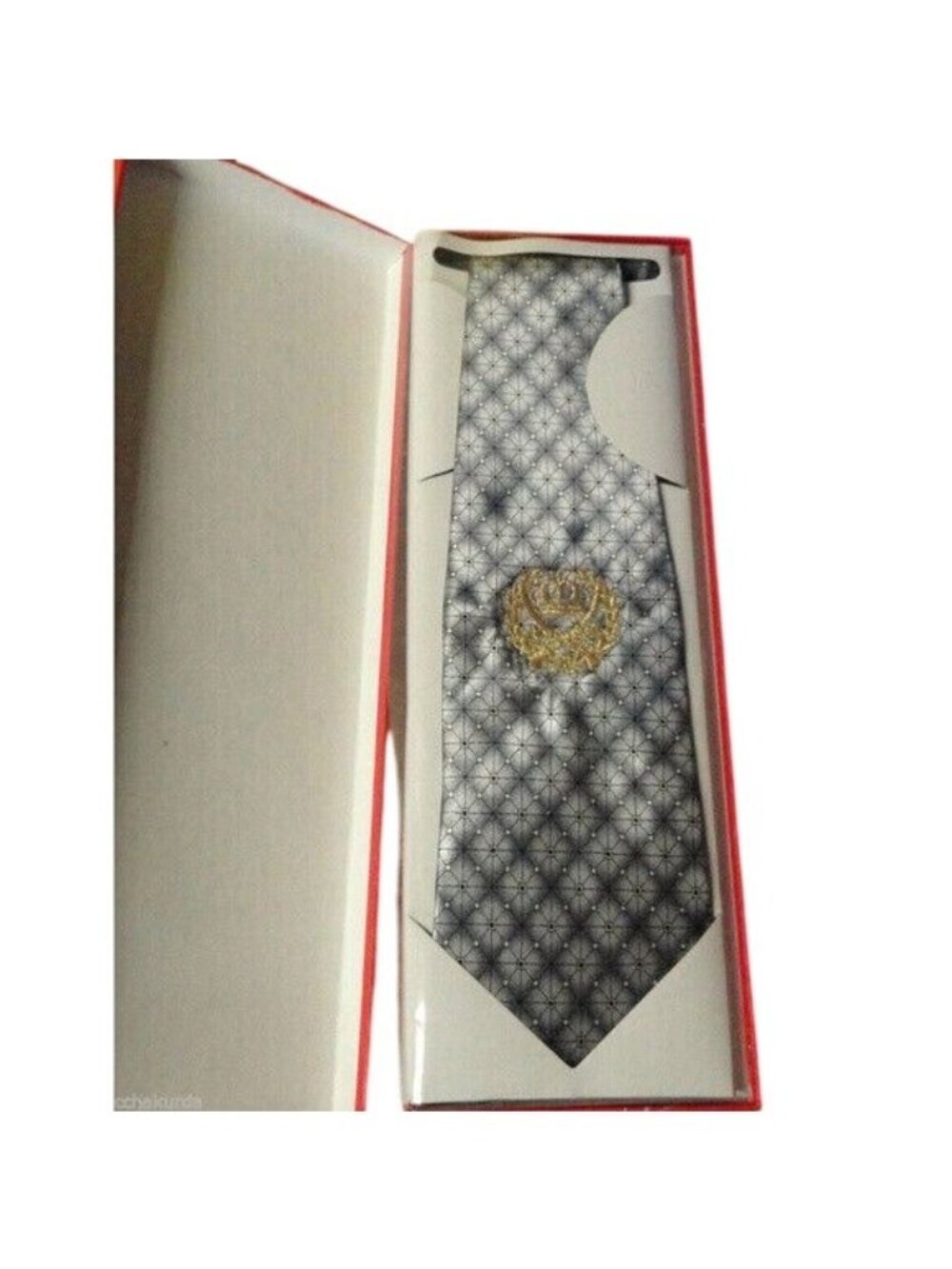 Vintage Geometric Printed Tie With Gold Emblem In Original Red Box